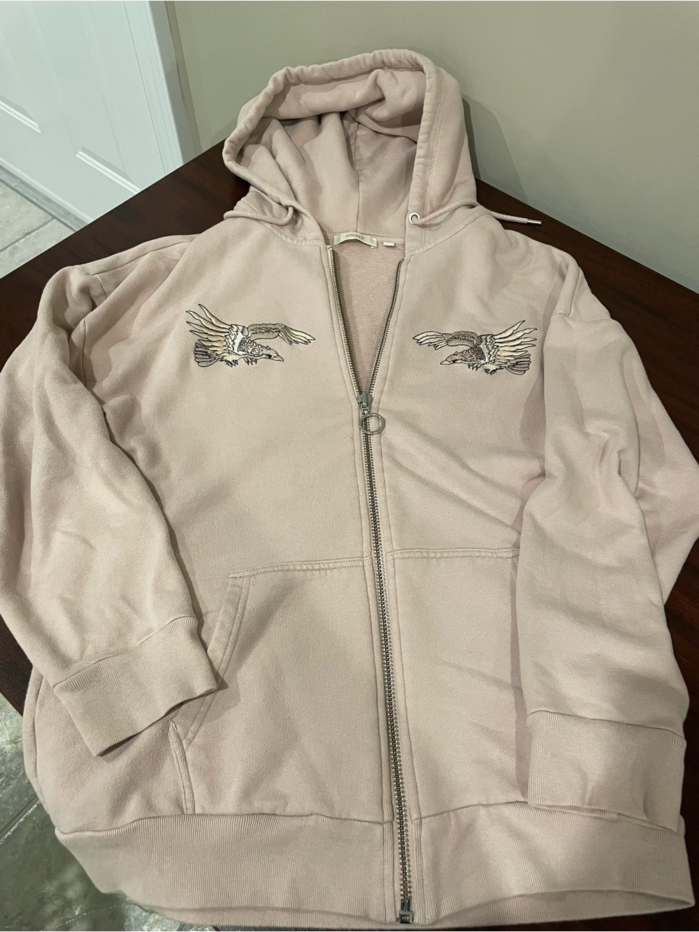 Golden by TNA Pale Pink Zip-Up Hoodie with Eagle Embroidery